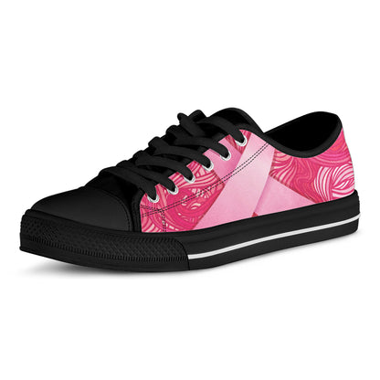 Breast Cancer Awareness Ribbon Print Black Low Top Shoes 