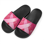 Breast Cancer Awareness Ribbon Print Black Slide Sandals