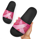 Breast Cancer Awareness Ribbon Print Black Slide Sandals
