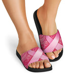 Breast Cancer Awareness Ribbon Print Black Slide Sandals