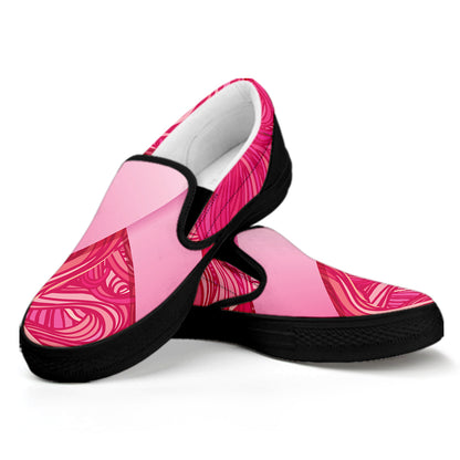 Breast Cancer Awareness Ribbon Print Black Slip On Shoes
