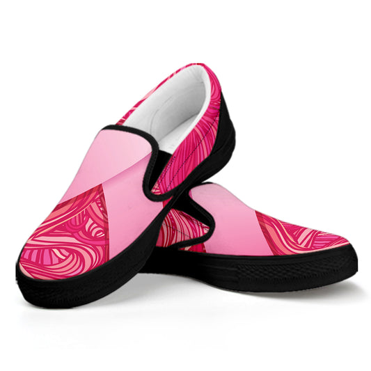 Breast Cancer Awareness Ribbon Print Black Slip On Shoes