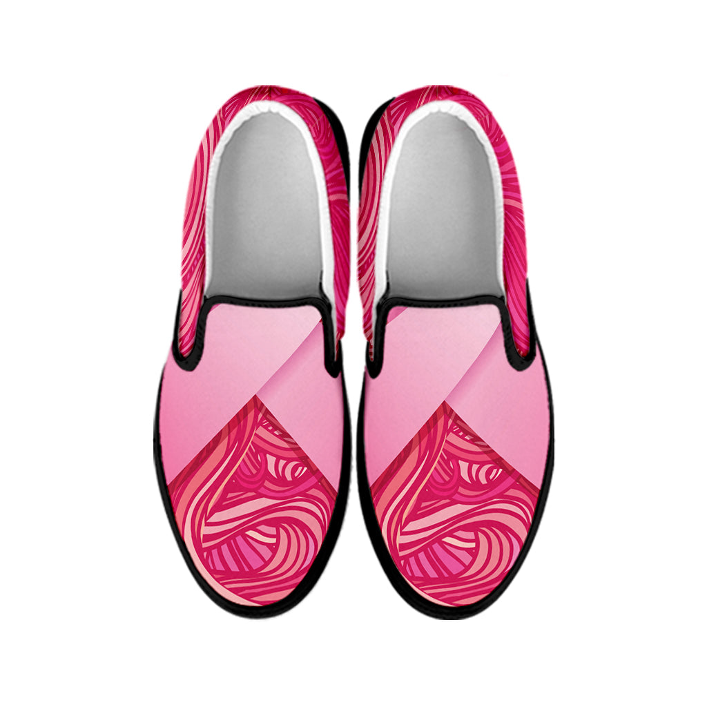 Breast Cancer Awareness Ribbon Print Black Slip On Shoes