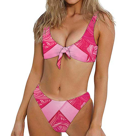 Breast Cancer Awareness Ribbon Print Front Bow Tie Bikini