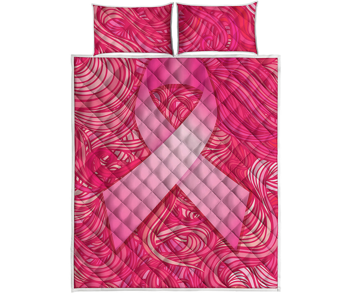 Breast Cancer Awareness Ribbon Print Quilt Bed Set