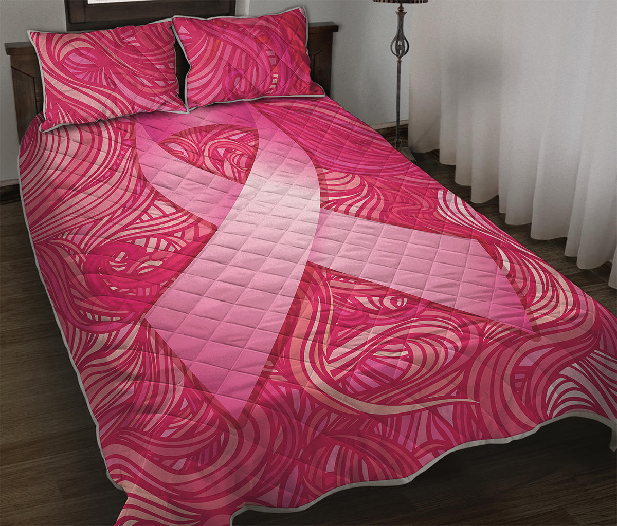 Breast Cancer Awareness Ribbon Print Quilt Bed Set