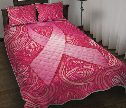 Breast Cancer Awareness Ribbon Print Quilt Bed Set