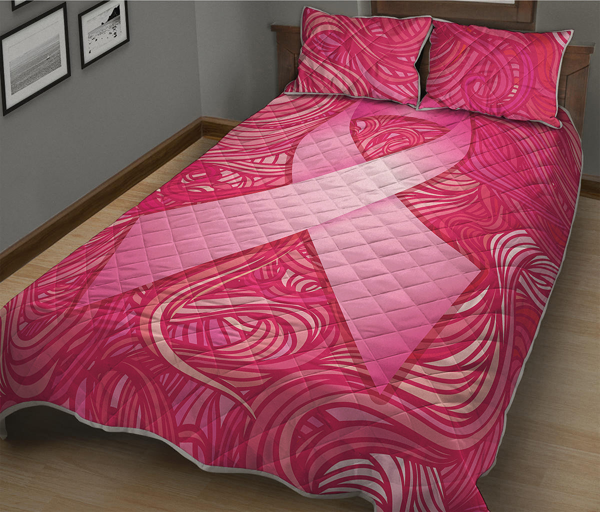 Breast Cancer Awareness Ribbon Print Quilt Bed Set