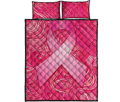 Breast Cancer Awareness Ribbon Print Quilt Bed Set