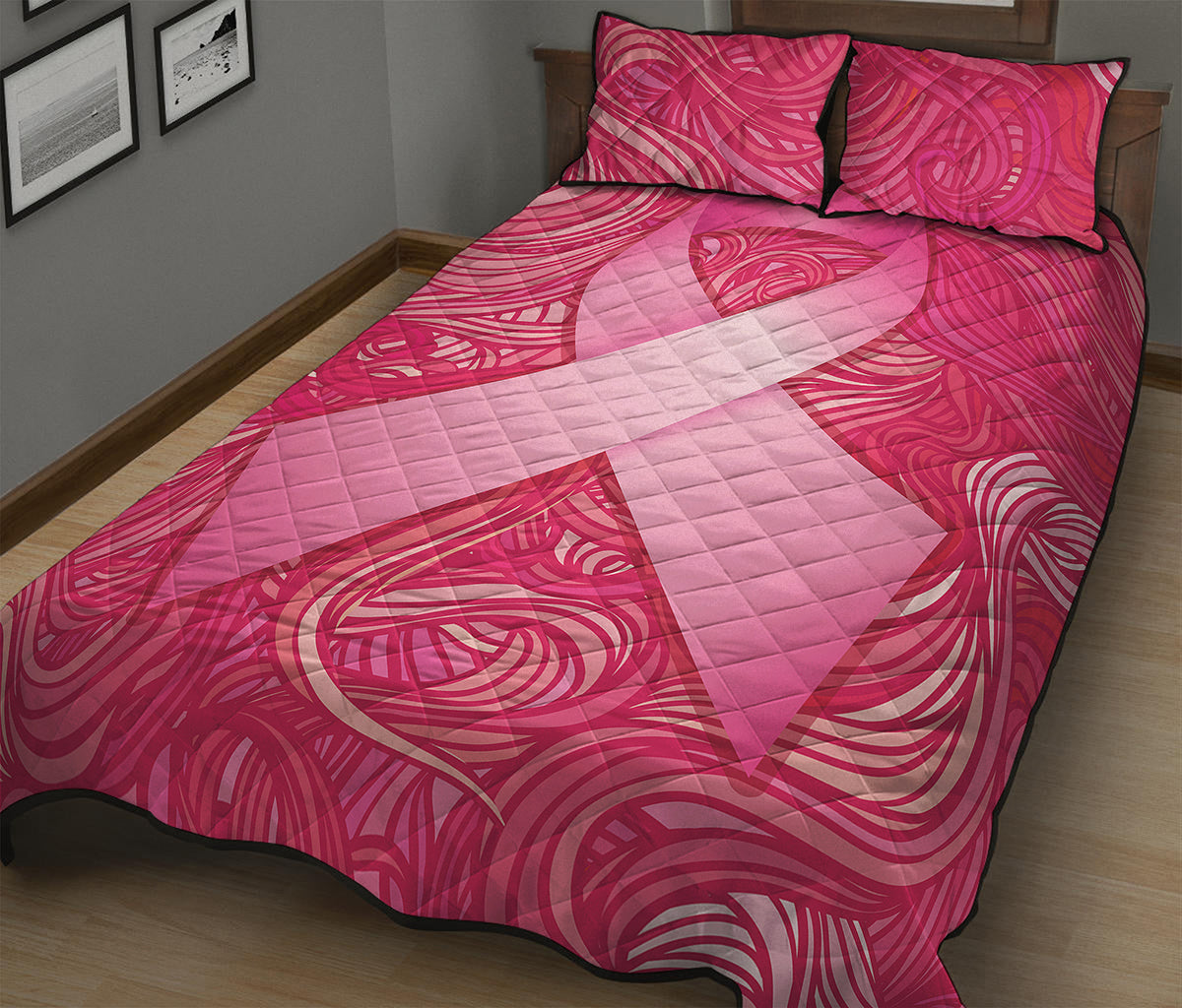Breast Cancer Awareness Ribbon Print Quilt Bed Set