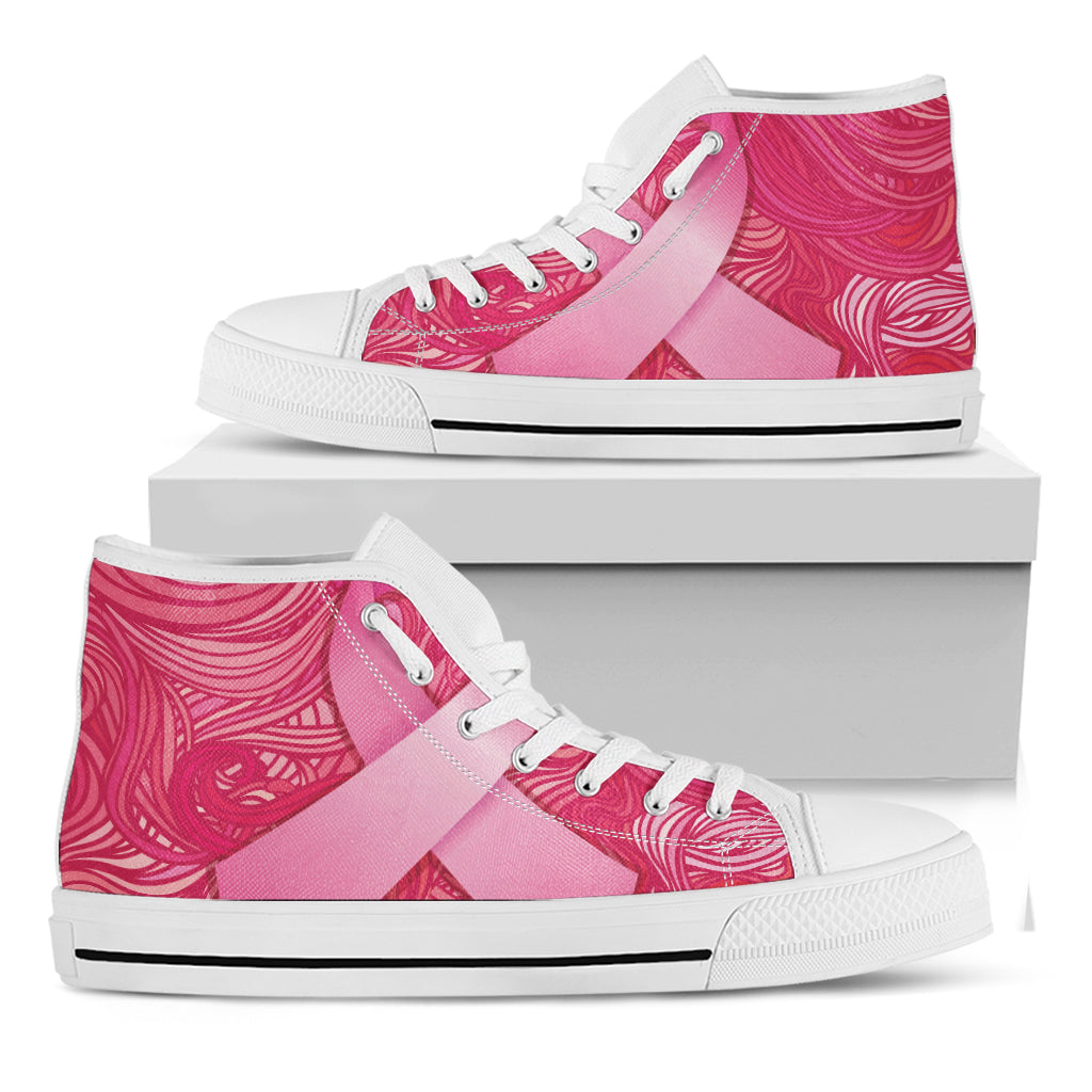 Breast Cancer Awareness Ribbon Print White High Top Shoes
