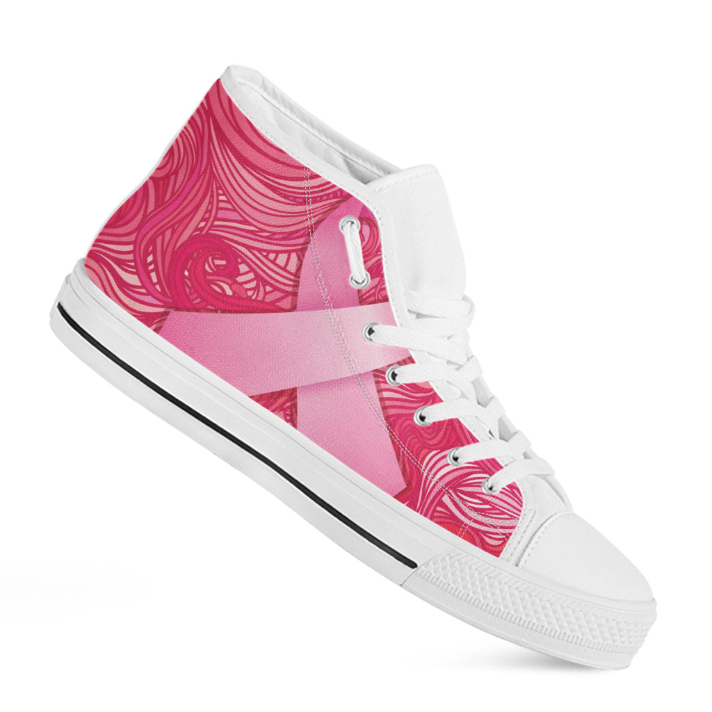 Breast Cancer Awareness Ribbon Print White High Top Shoes