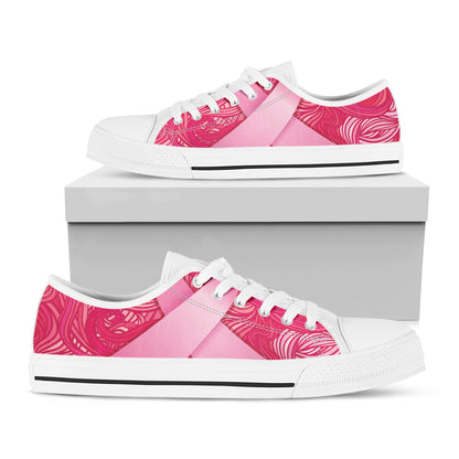 Breast Cancer Awareness Ribbon Print White Low Top Shoes