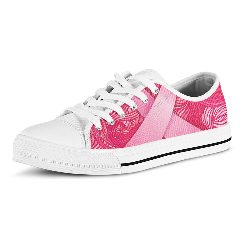 Breast Cancer Awareness Ribbon Print White Low Top Shoes