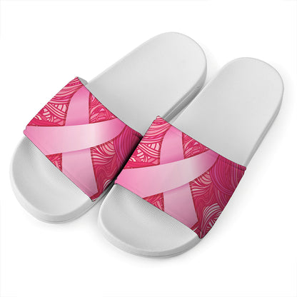 Breast Cancer Awareness Ribbon Print White Slide Sandals