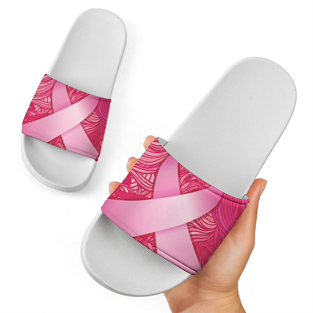 Breast Cancer Awareness Ribbon Print White Slide Sandals