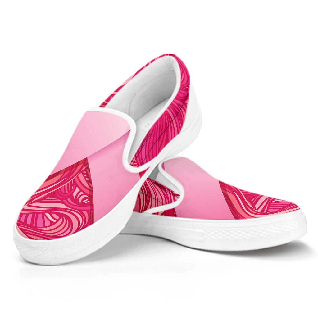 Breast Cancer Awareness Ribbon Print White Slip On Shoes