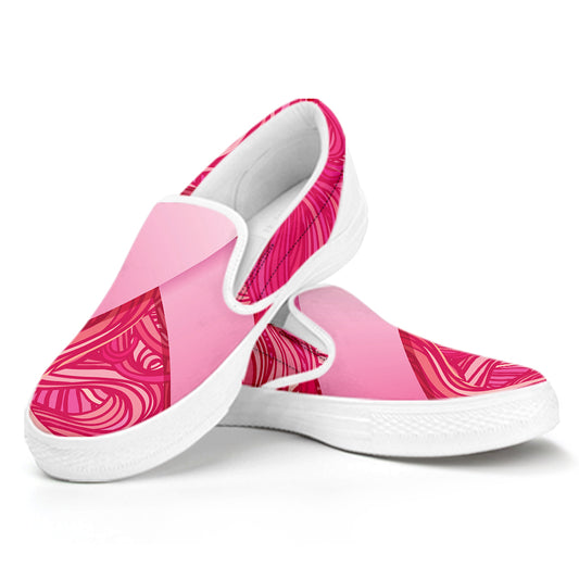 Breast Cancer Awareness Ribbon Print White Slip On Shoes