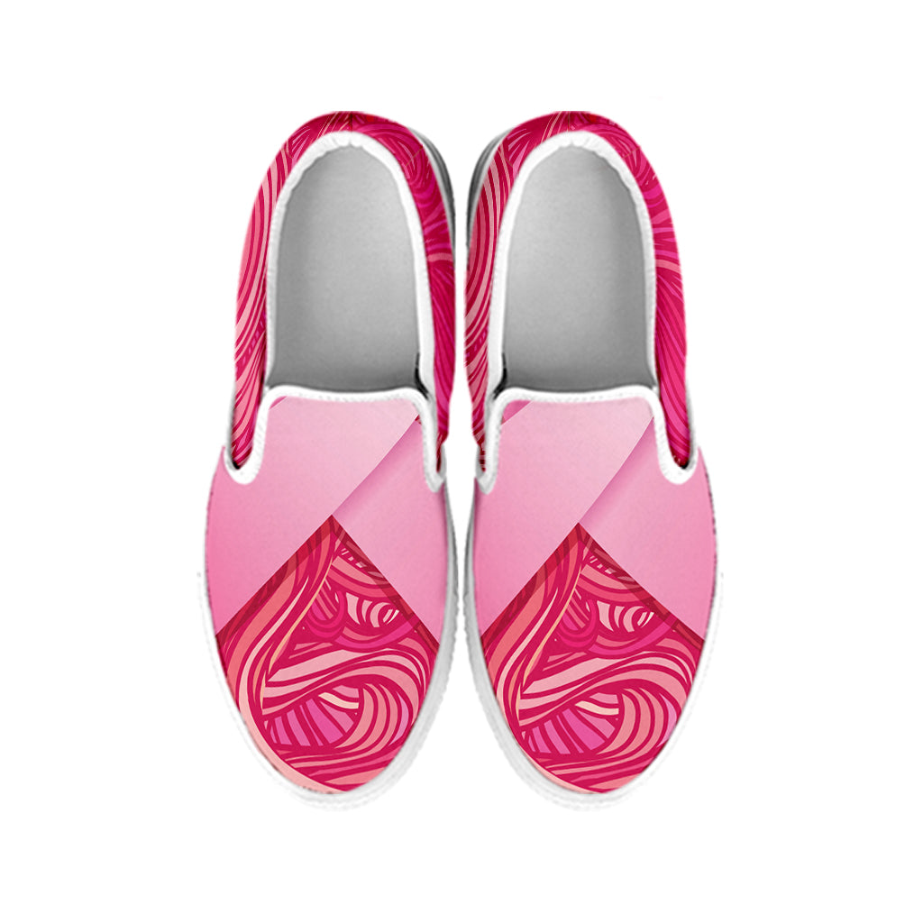 Breast Cancer Awareness Ribbon Print White Slip On Shoes
