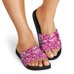 Breast Cancer Awareness Symbol Print Black Slide Sandals