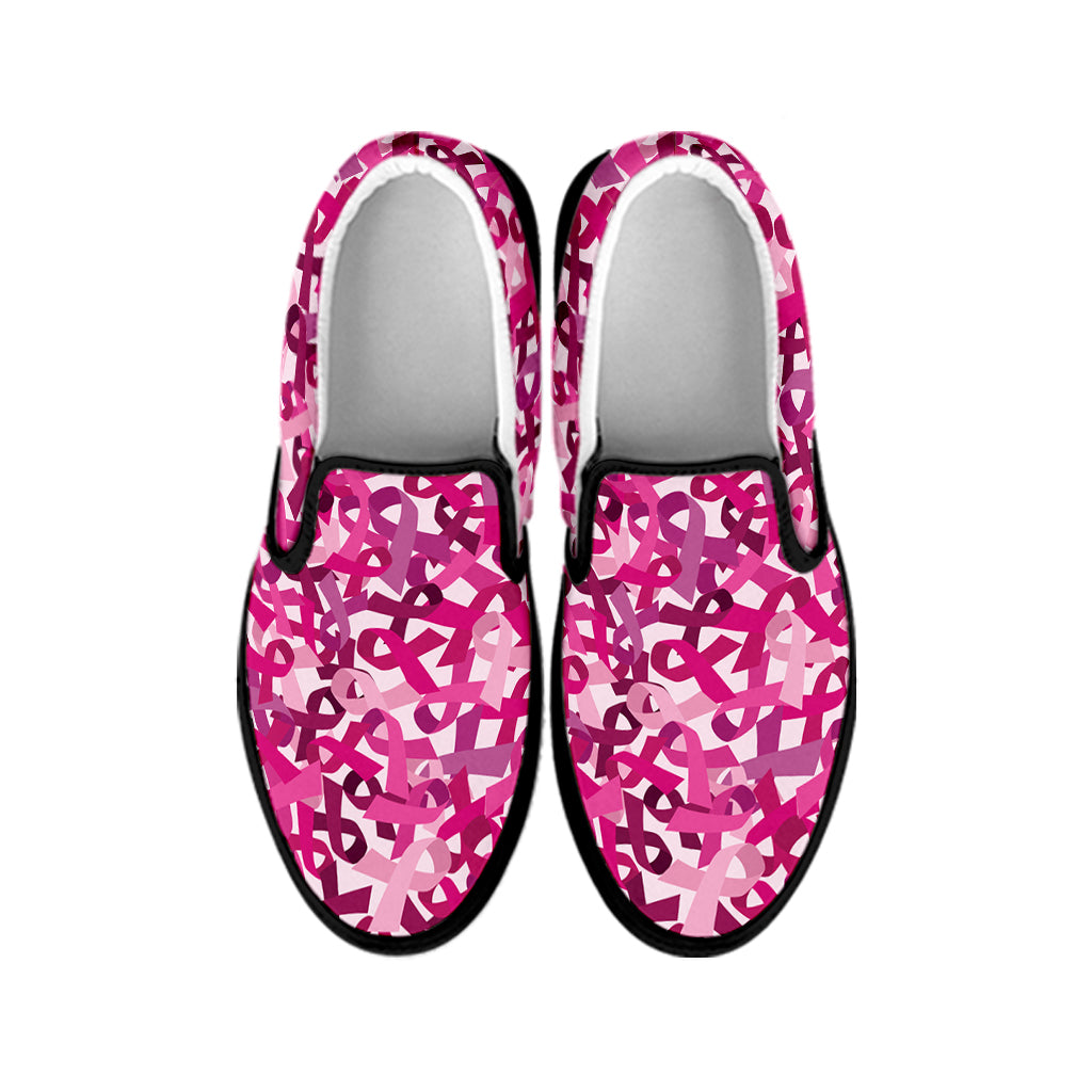 Breast Cancer Awareness Symbol Print Black Slip On Shoes