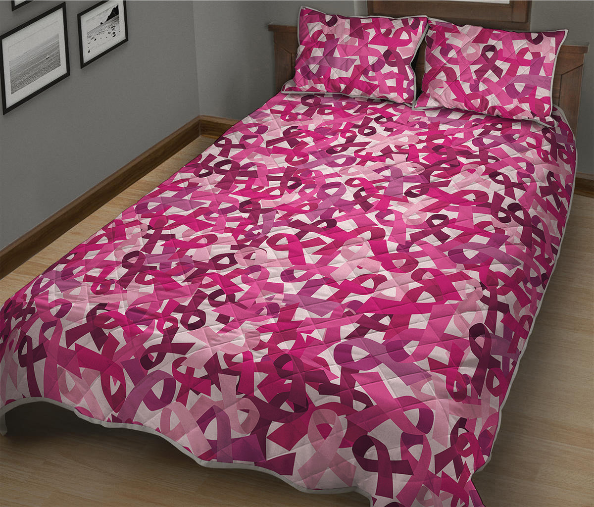 Breast Cancer Awareness Symbol Print Quilt Bed Set