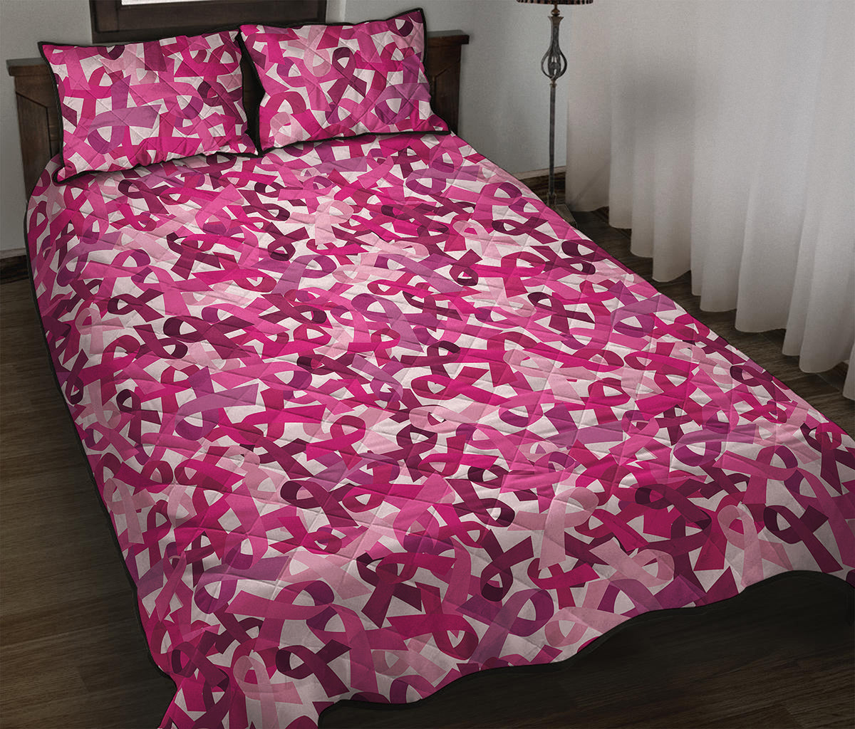Breast Cancer Awareness Symbol Print Quilt Bed Set
