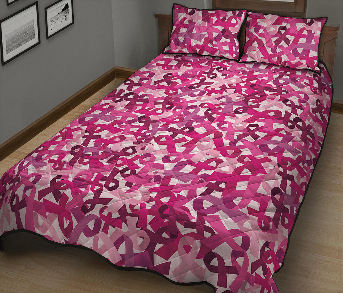 Breast Cancer Awareness Symbol Print Quilt Bed Set