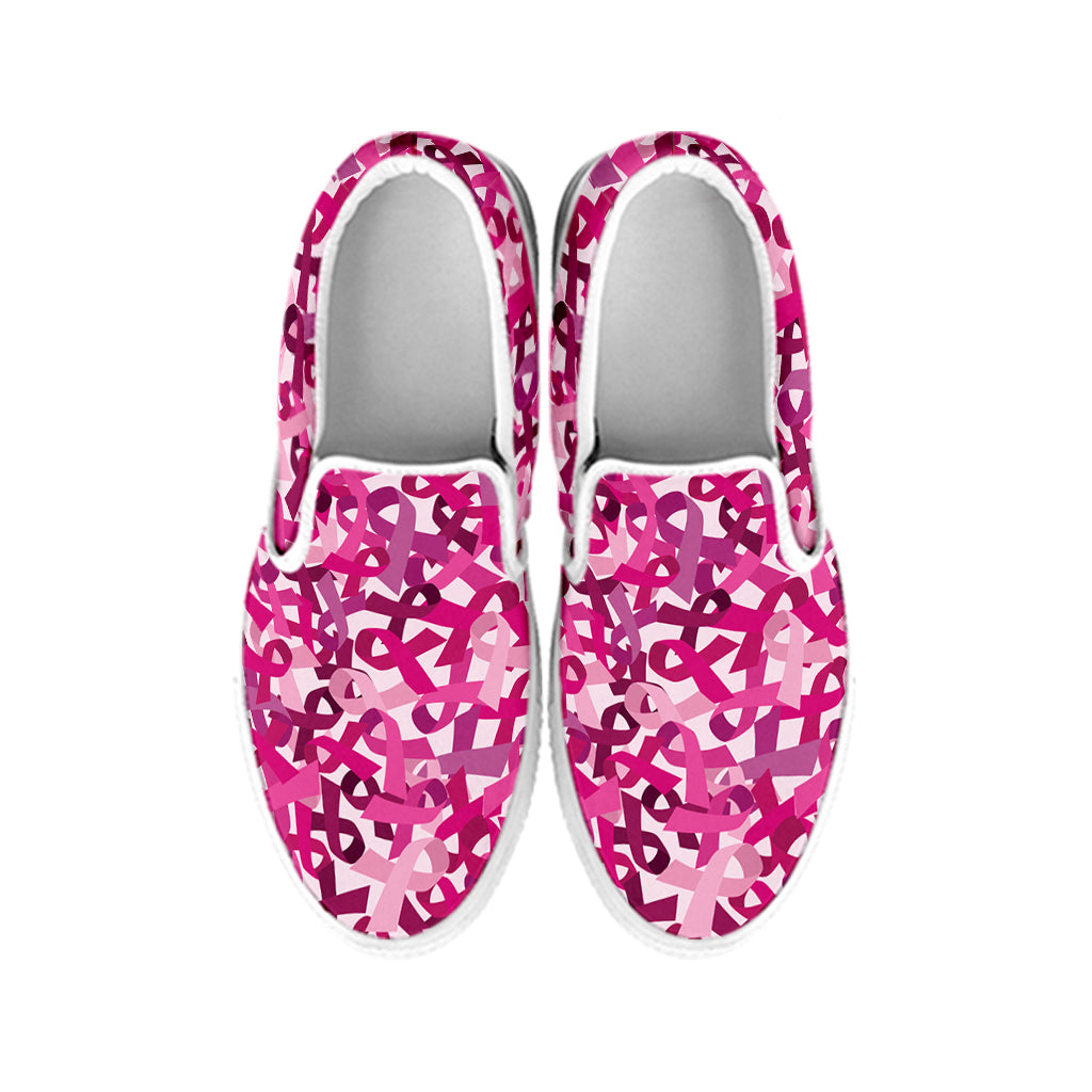 Breast Cancer Awareness Symbol Print White Slip On Shoes