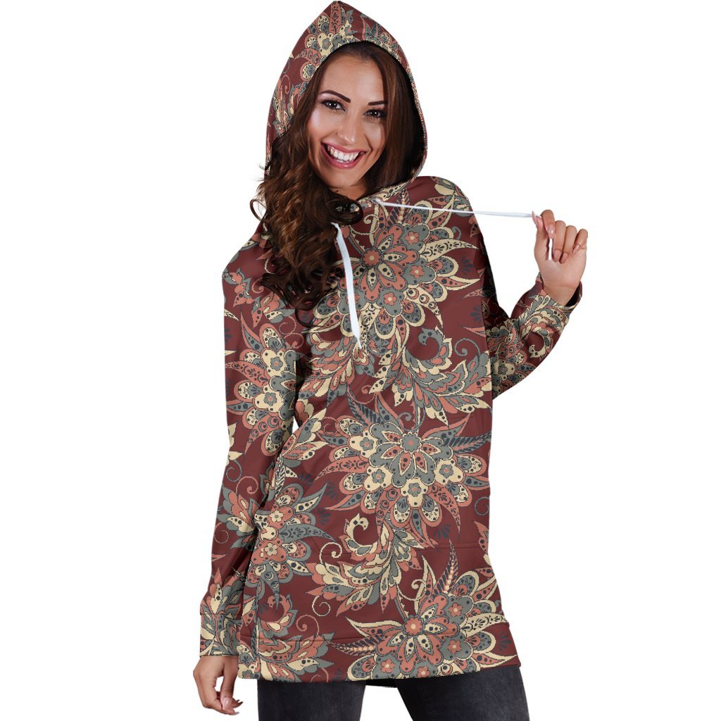 Brick Floral Bohemian Pattern Print Hoodie Dress GearFrost