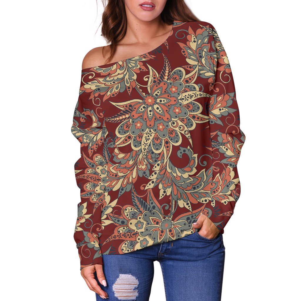 Brick Floral Bohemian Pattern Print Off Shoulder Sweatshirt GearFrost