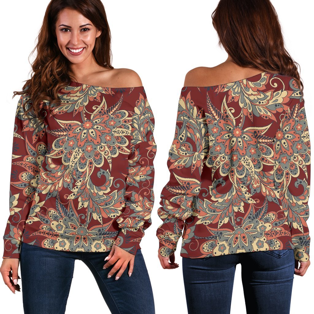 Brick Floral Bohemian Pattern Print Off Shoulder Sweatshirt GearFrost