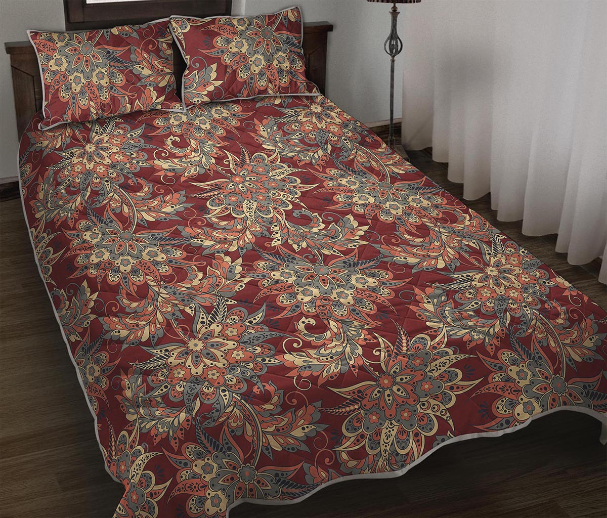 Brick Floral Bohemian Pattern Print Quilt Bed Set