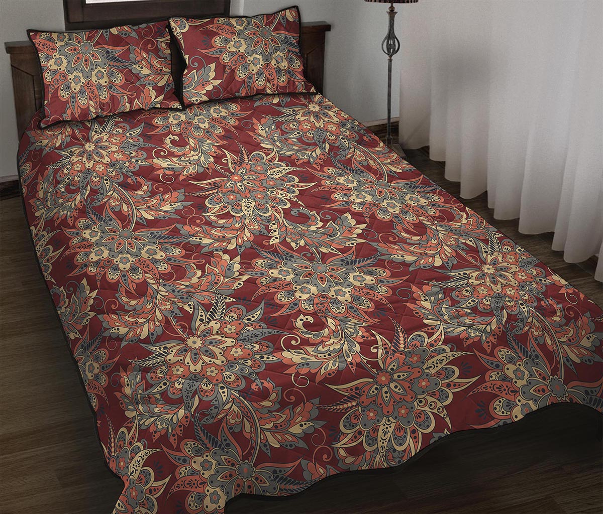 Brick Floral Bohemian Pattern Print Quilt Bed Set
