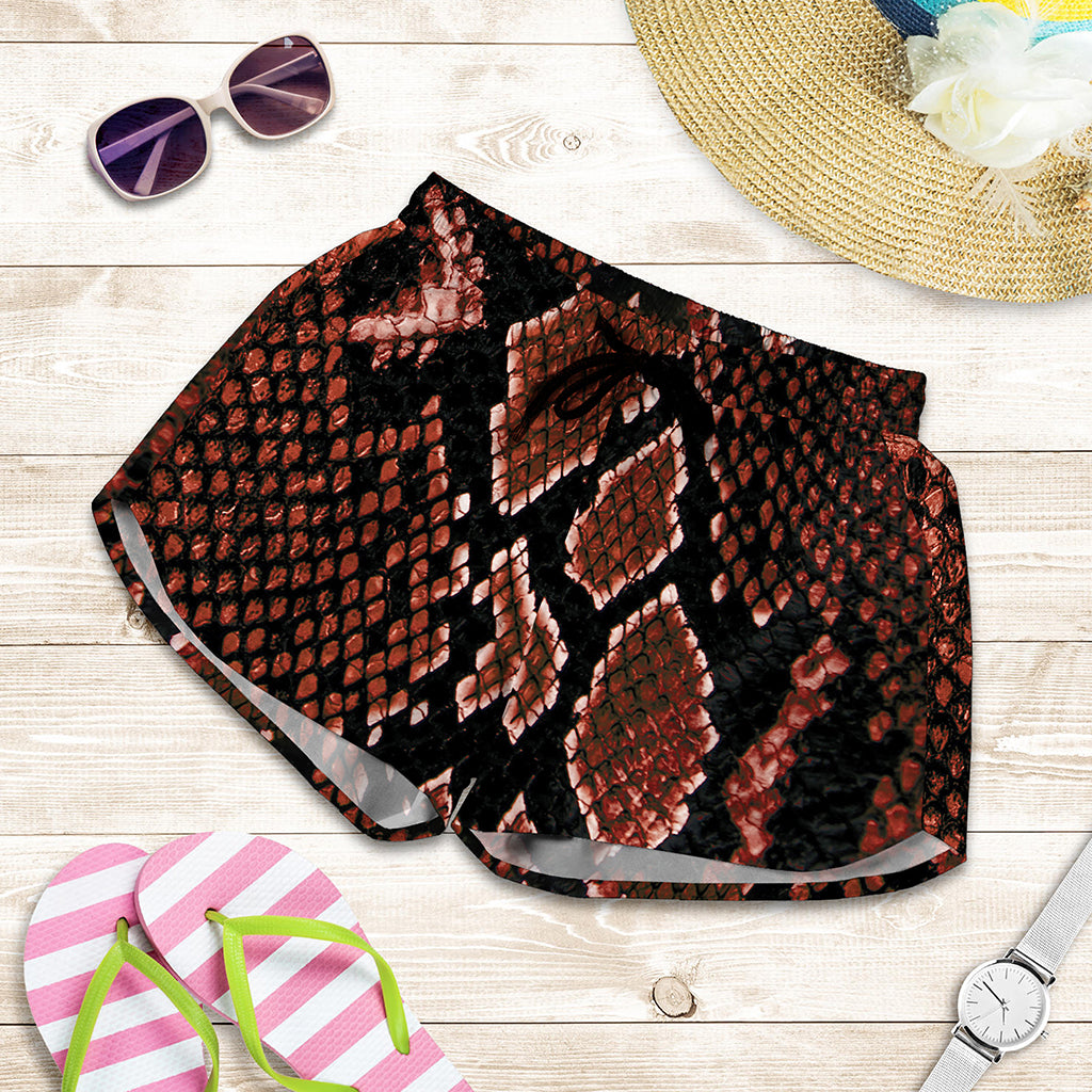 Brick Red Python Snakeskin Print Women's Shorts