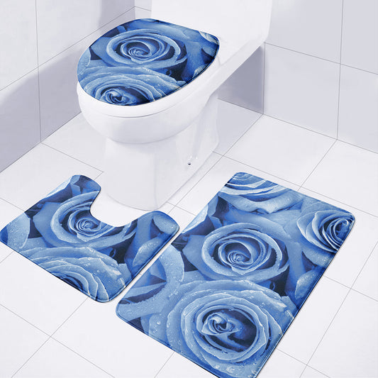 Bright Blue Rose Print 3 Piece Bath Mat Set