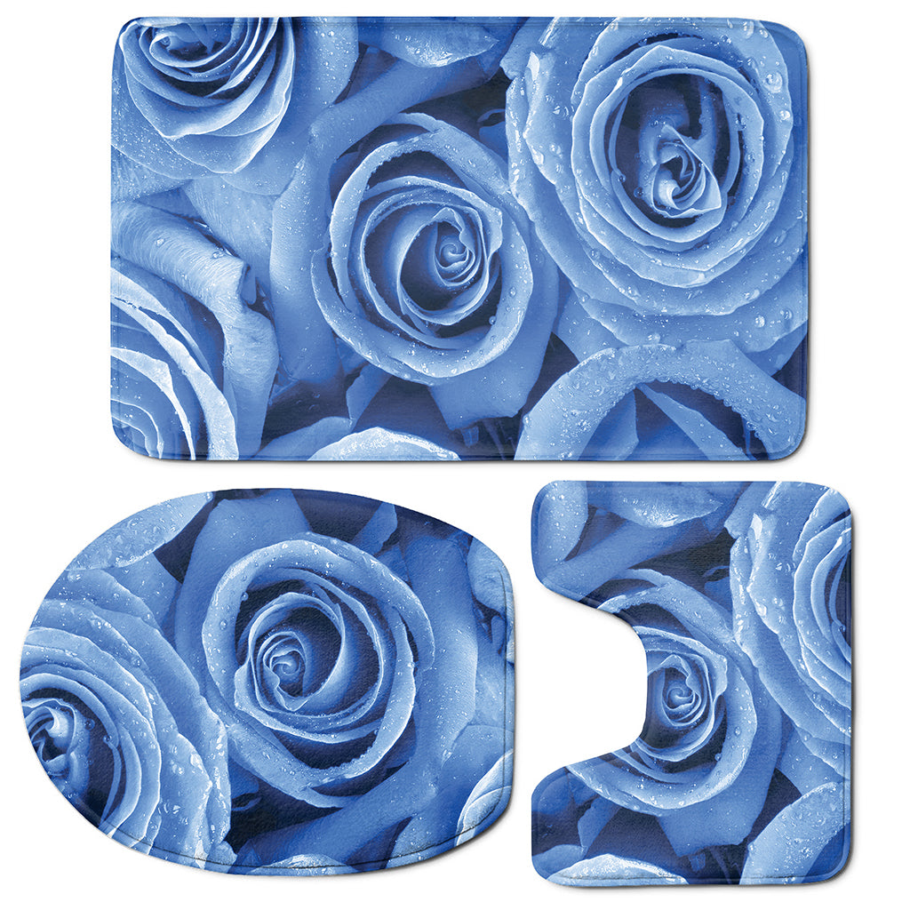 Bright Blue Rose Print 3 Piece Bath Mat Set