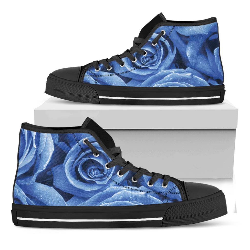 Bright Blue Rose Print Black High Top Shoes