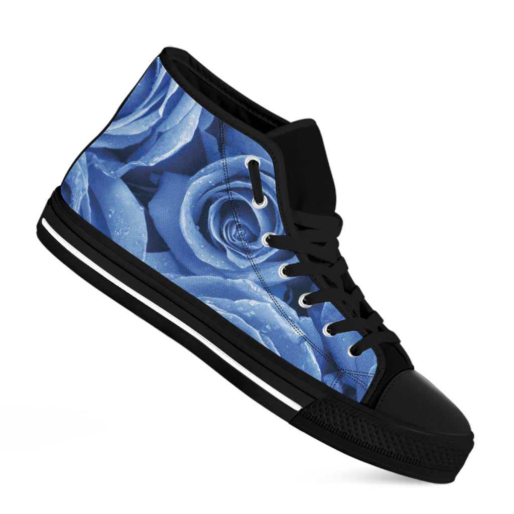 Bright Blue Rose Print Black High Top Shoes