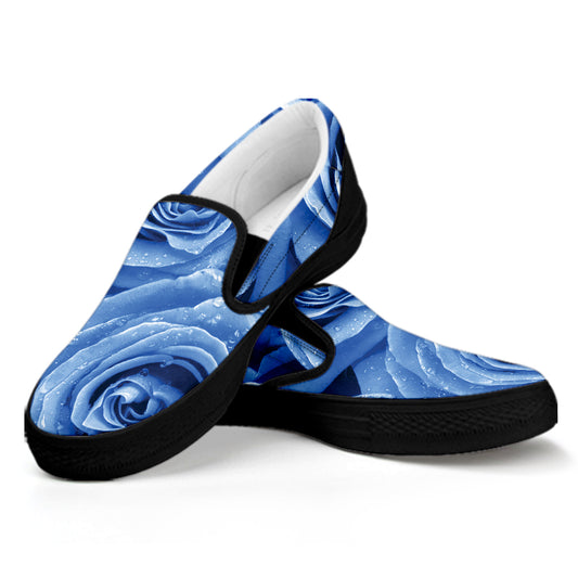 Bright Blue Rose Print Black Slip On Shoes