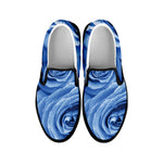 Bright Blue Rose Print Black Slip On Shoes