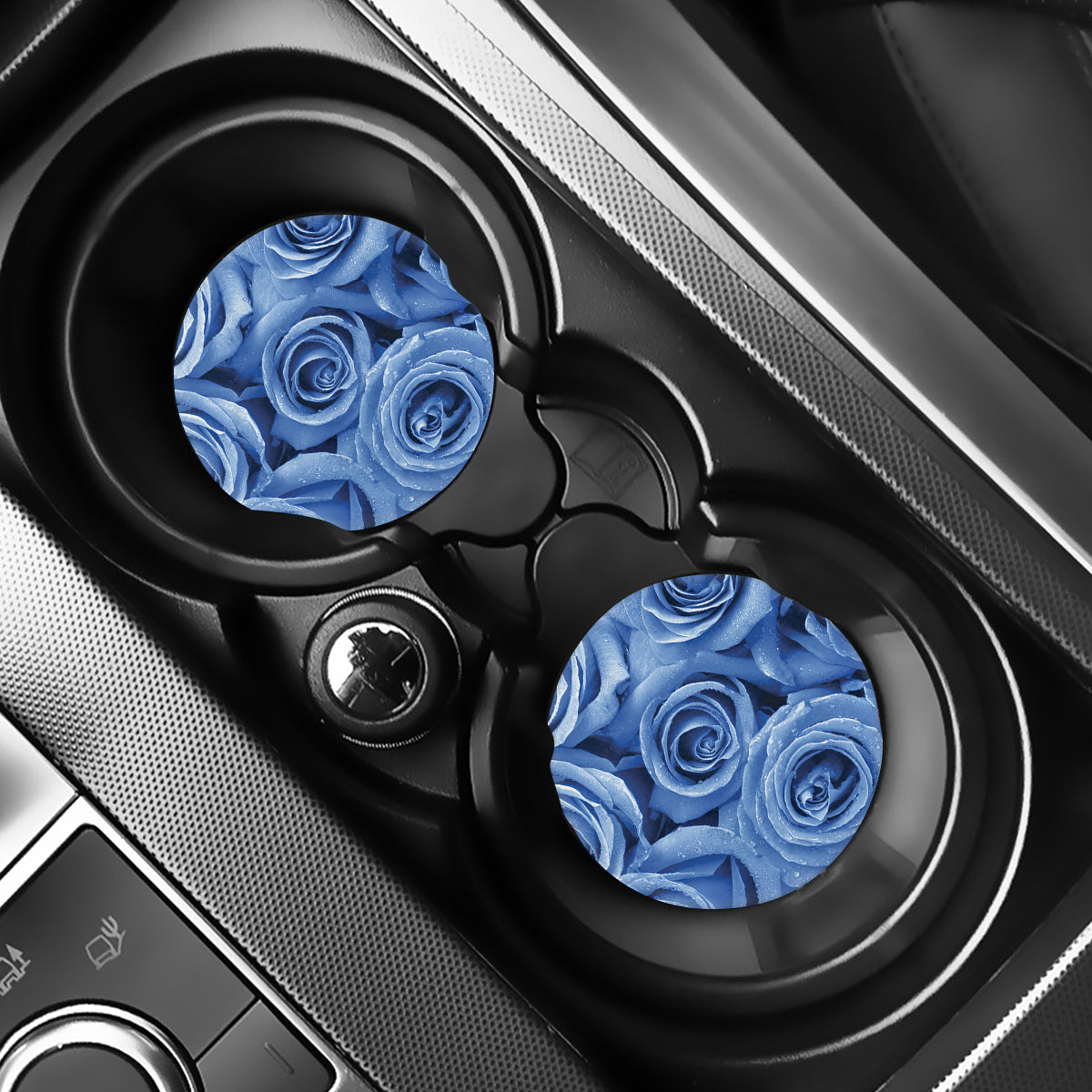 Bright Blue Rose Print Car Coasters