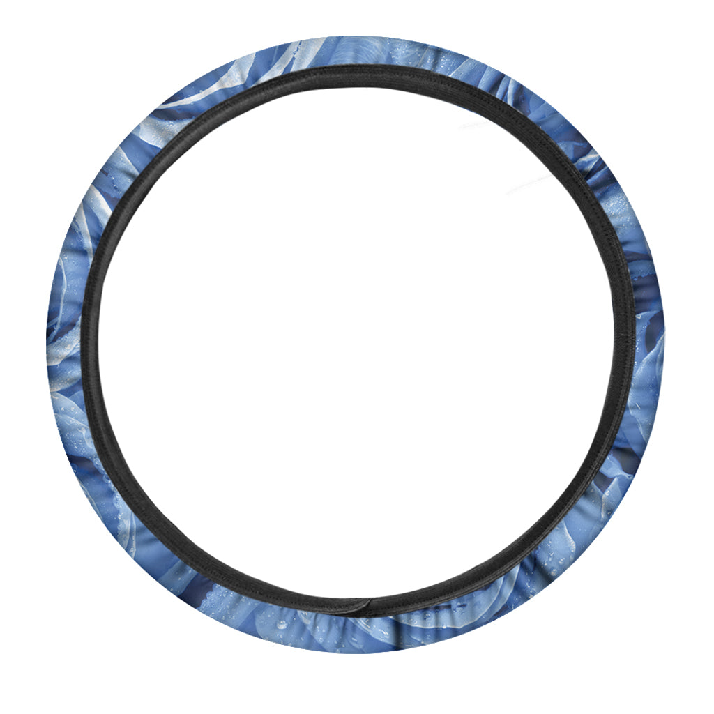 Bright Blue Rose Print Car Steering Wheel Cover