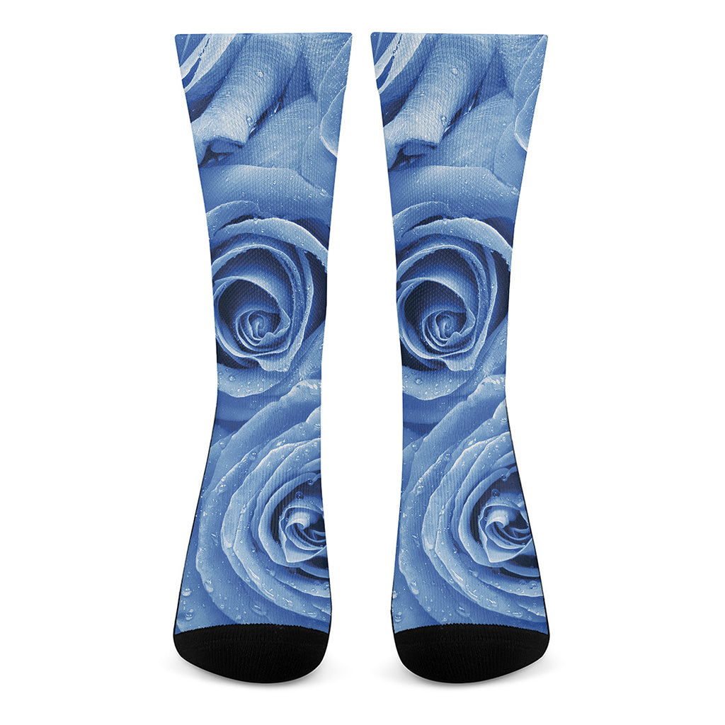 Bright Blue Rose Print Crew Socks