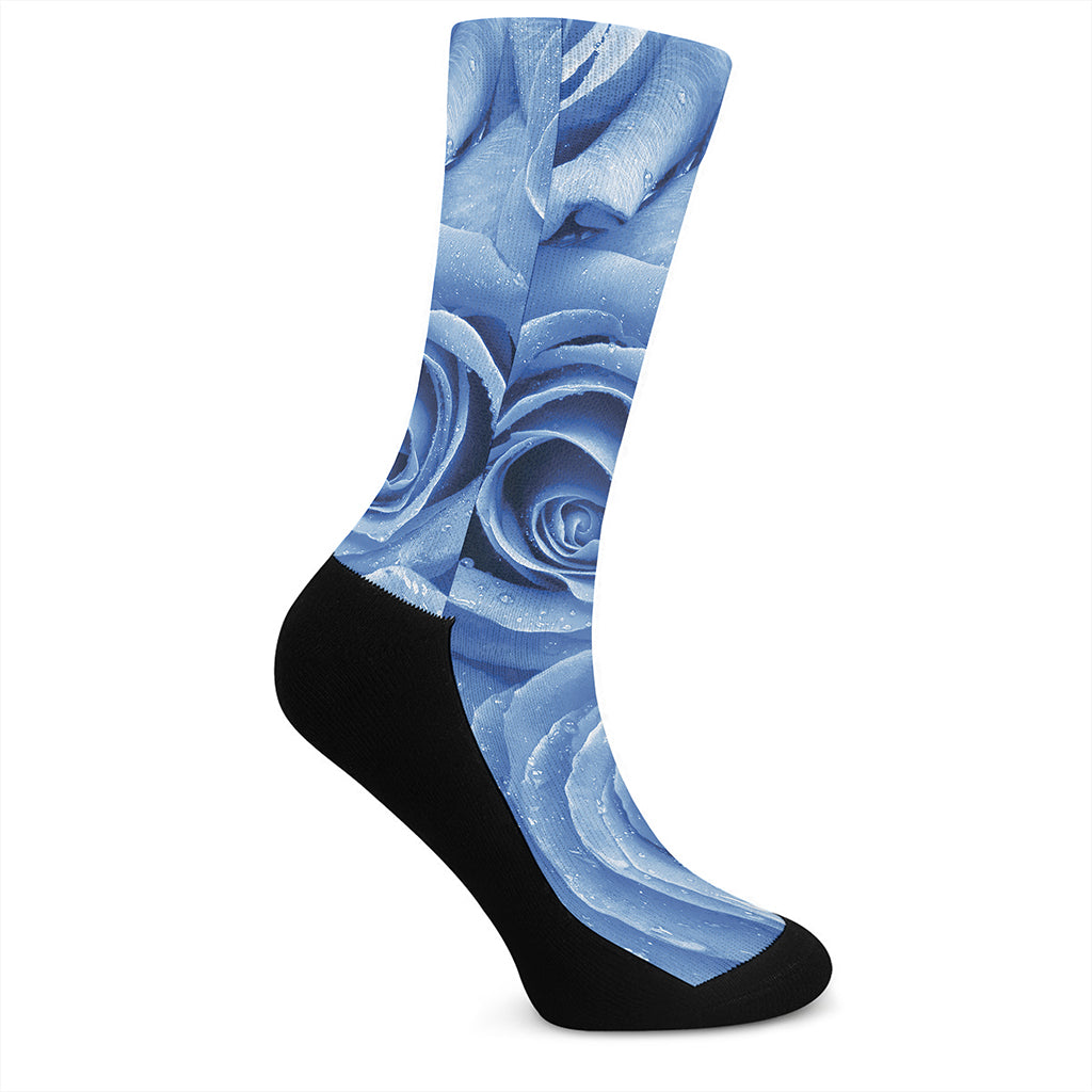 Bright Blue Rose Print Crew Socks