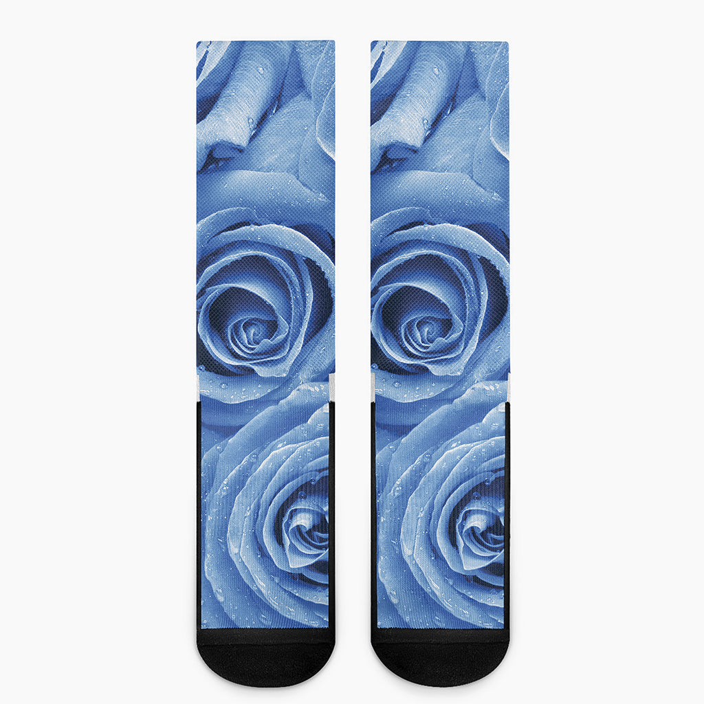 Bright Blue Rose Print Crew Socks