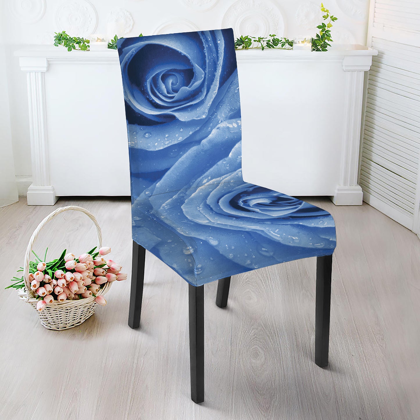 Bright Blue Rose Print Dining Chair Slipcover