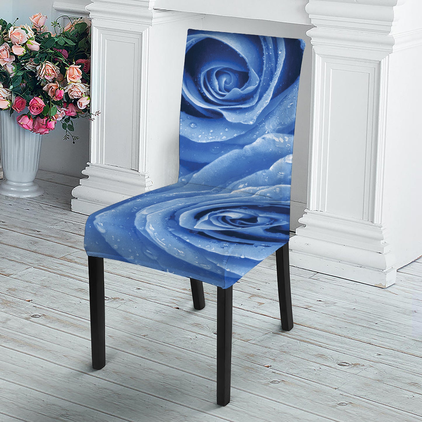 Bright Blue Rose Print Dining Chair Slipcover