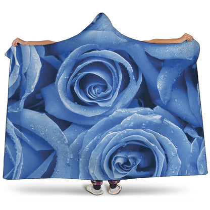 Bright Blue Rose Print Hooded Blanket