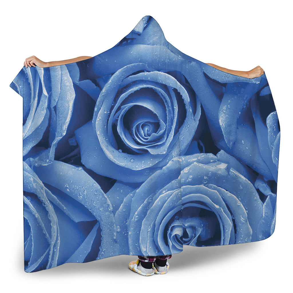 Bright Blue Rose Print Hooded Blanket